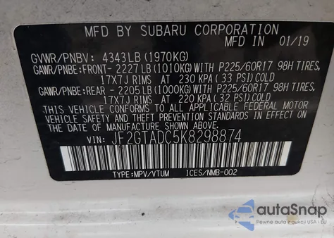 2019 Subaru Crosstrek 2.0I Premium z USA, uszkodzony, nr VIN JF2GTADC5K8298874